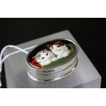Silver pill box with enamel lid depicting cats