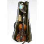 Cased vintage Violin & two bows, with label to violin interior reading "Jacobus Stainer"