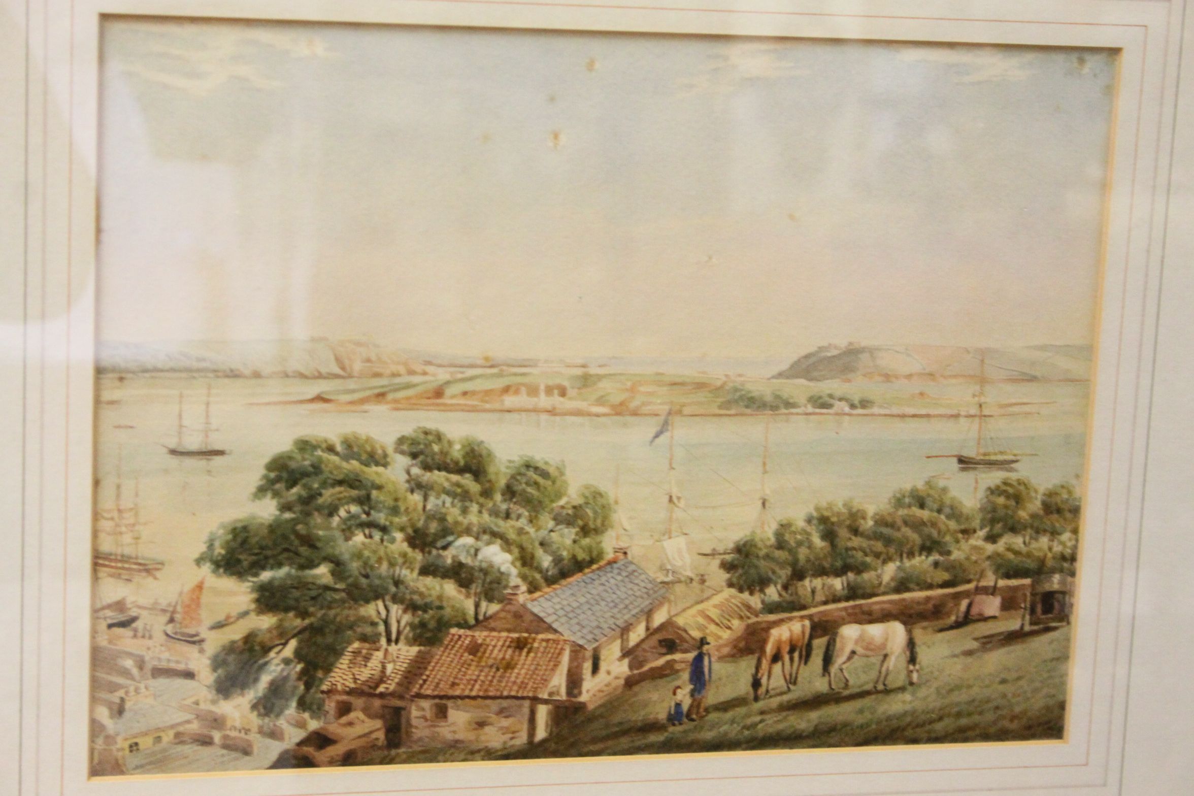 Late 19th century framed watercolour, estuary scene with tall ships, figures and horses to - Image 2 of 3