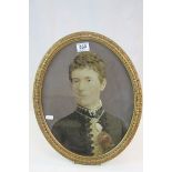 19th Century oval portrait of a gentleman in costume, highlighted in watercolour