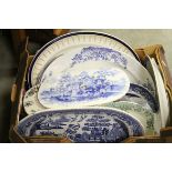 Box of 19th century, mainly blue and white ceramics, to include meat plates, bowls & drainers