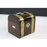Brass banded single compartment tea caddy with cabouchon mother of pearl to the lock escutcheon