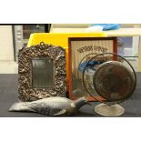 Box of sundries to include a 19th century silver plated picture frame with classical decoration in