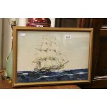 R W Underwood tall sailing ship in a rough sea, signed and dated 1933, Mawsom Swan label verso,