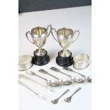 Small collection of mainly Hallmarked Silver to include; Napkin rings, Trophies, Teaspoons & Sugar