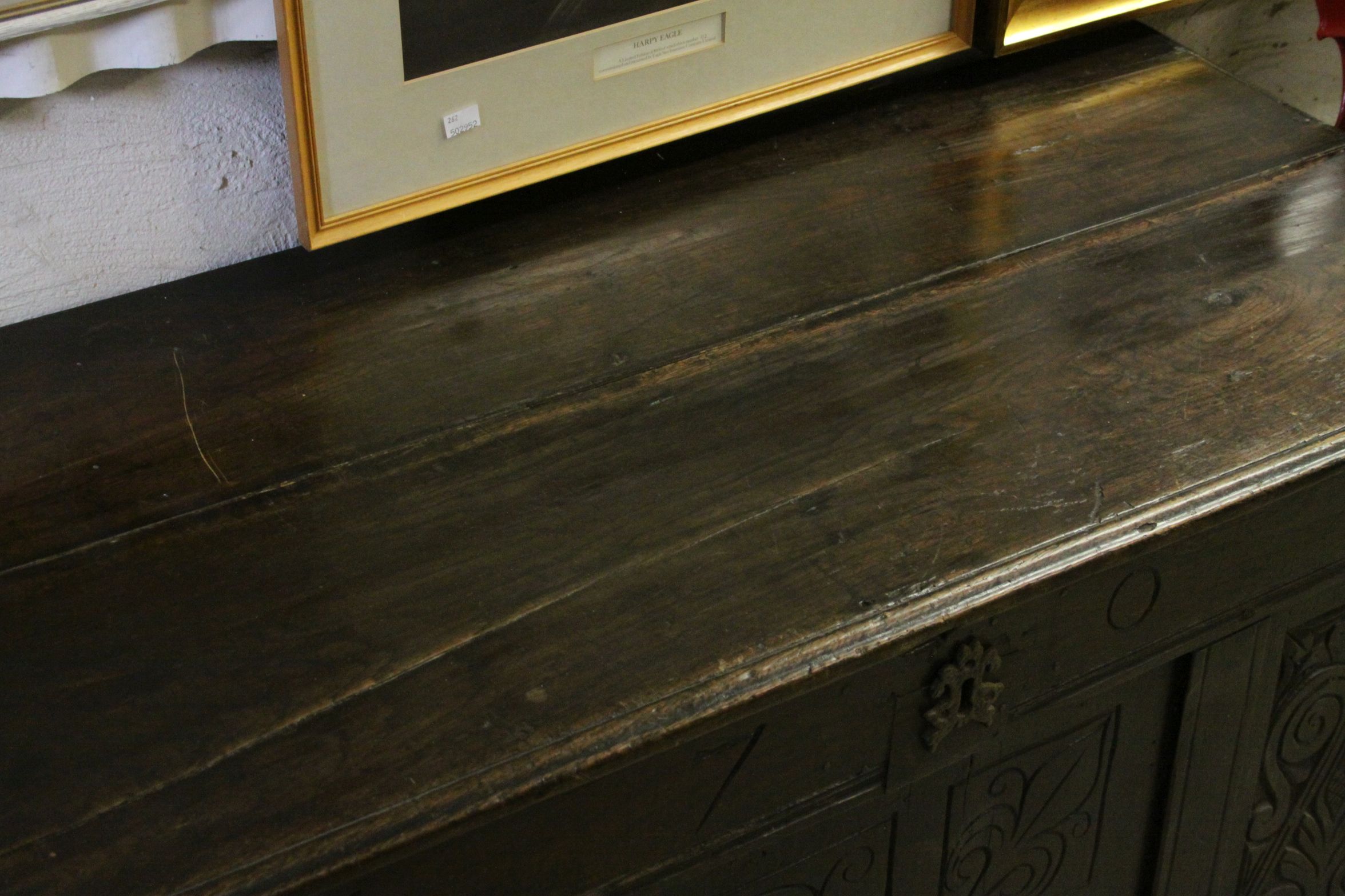 *William and Mary Oak Joined Chest, with plain lid, the front with panelled sections and carved - Image 4 of 4