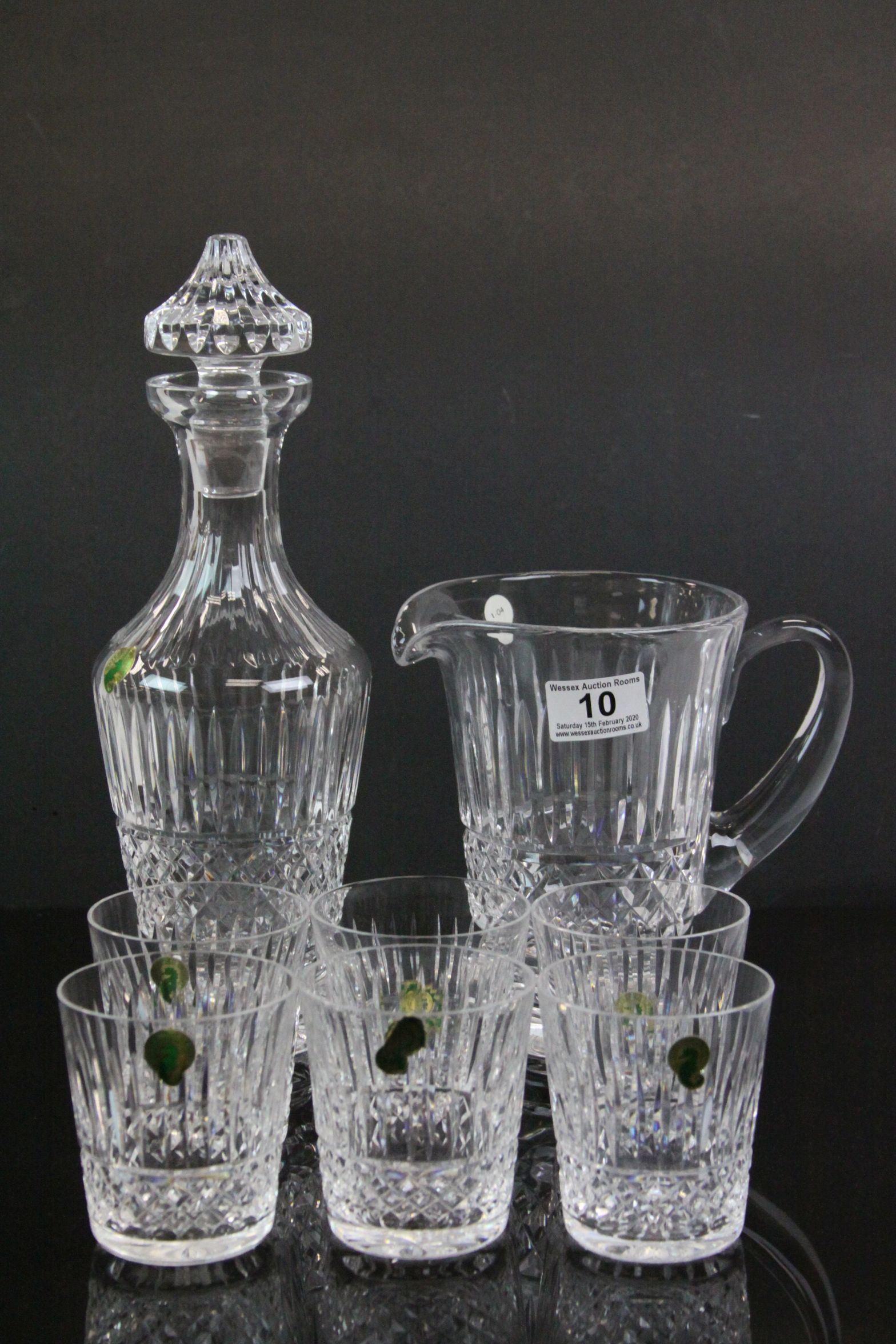 Boxed Waterford Crystal Water jug & six Tumblers plus a Boxed Waterford Crystal Decanter approx 33cm