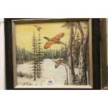 Oil on canvas wildlife study of pheasants taking flight in a winter landscape