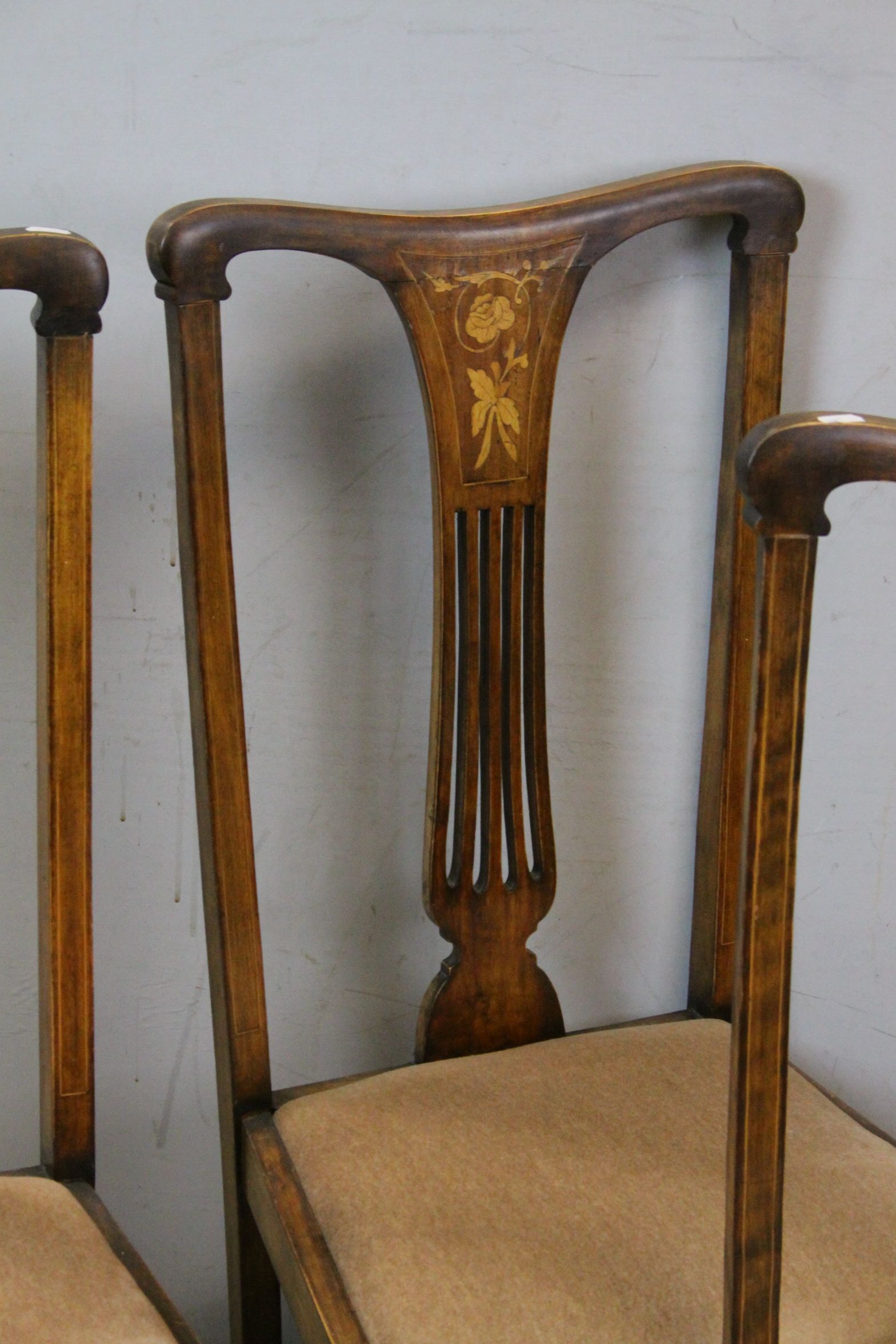 Set of Four Early 20th century Dining Chairs with Floral Inlaid and Pierced Splats, Drop in Seats - Image 4 of 5