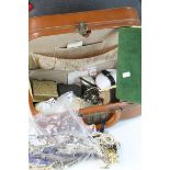 Leather case of mixed collectables, mainly Costume jewellery to include Silver, bags of Aluminium