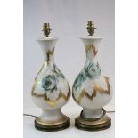 *Pair of hand painted Glass Lamps with Rose decoration & signed "G.W", each approx 41.5cm tall