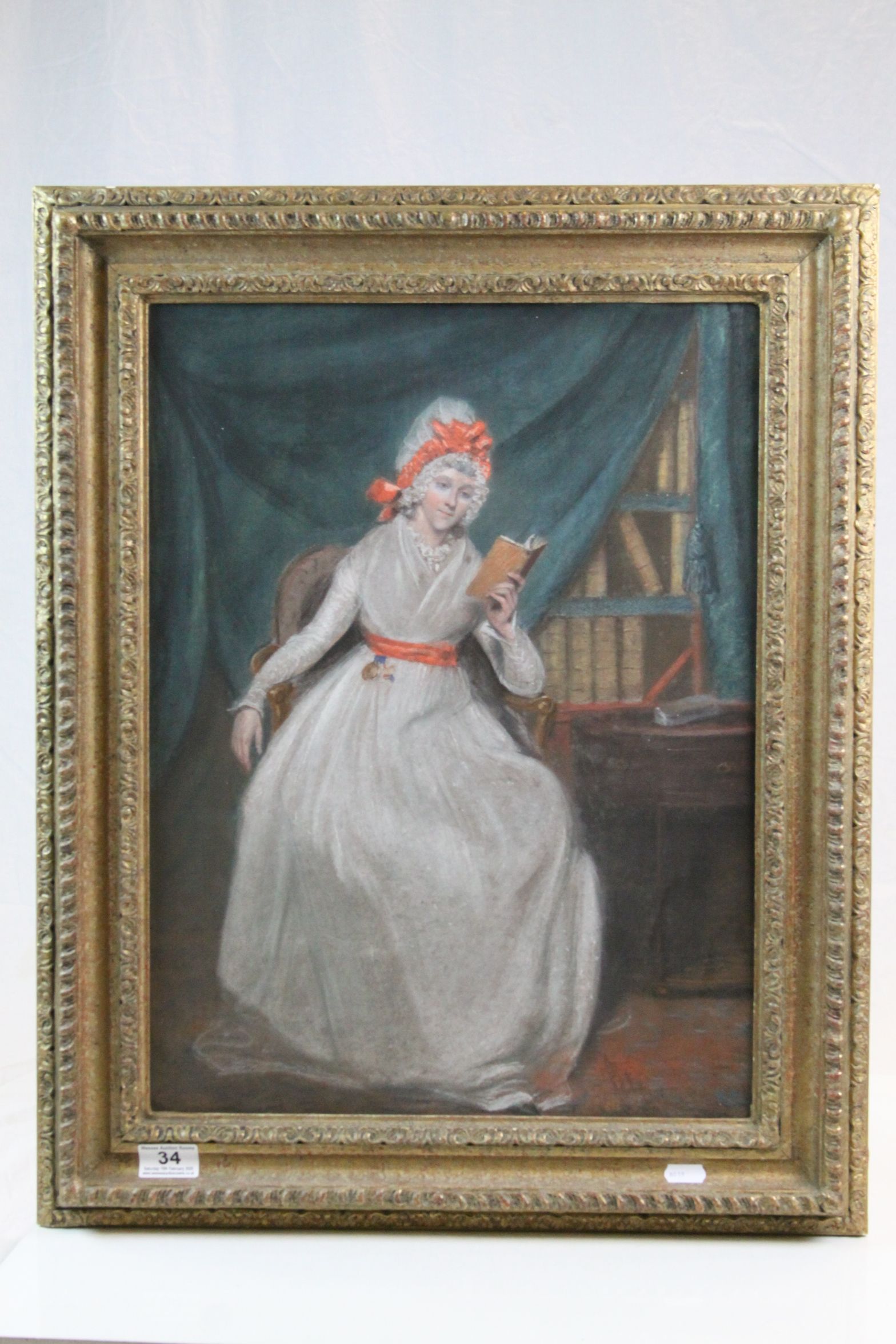Gilt framed Pastel on canvas of a seated Lady reading a Book, image approx 52 x 38cm
