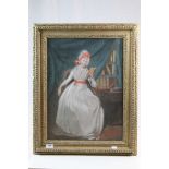 Gilt framed Pastel on canvas of a seated Lady reading a Book, image approx 52 x 38cm