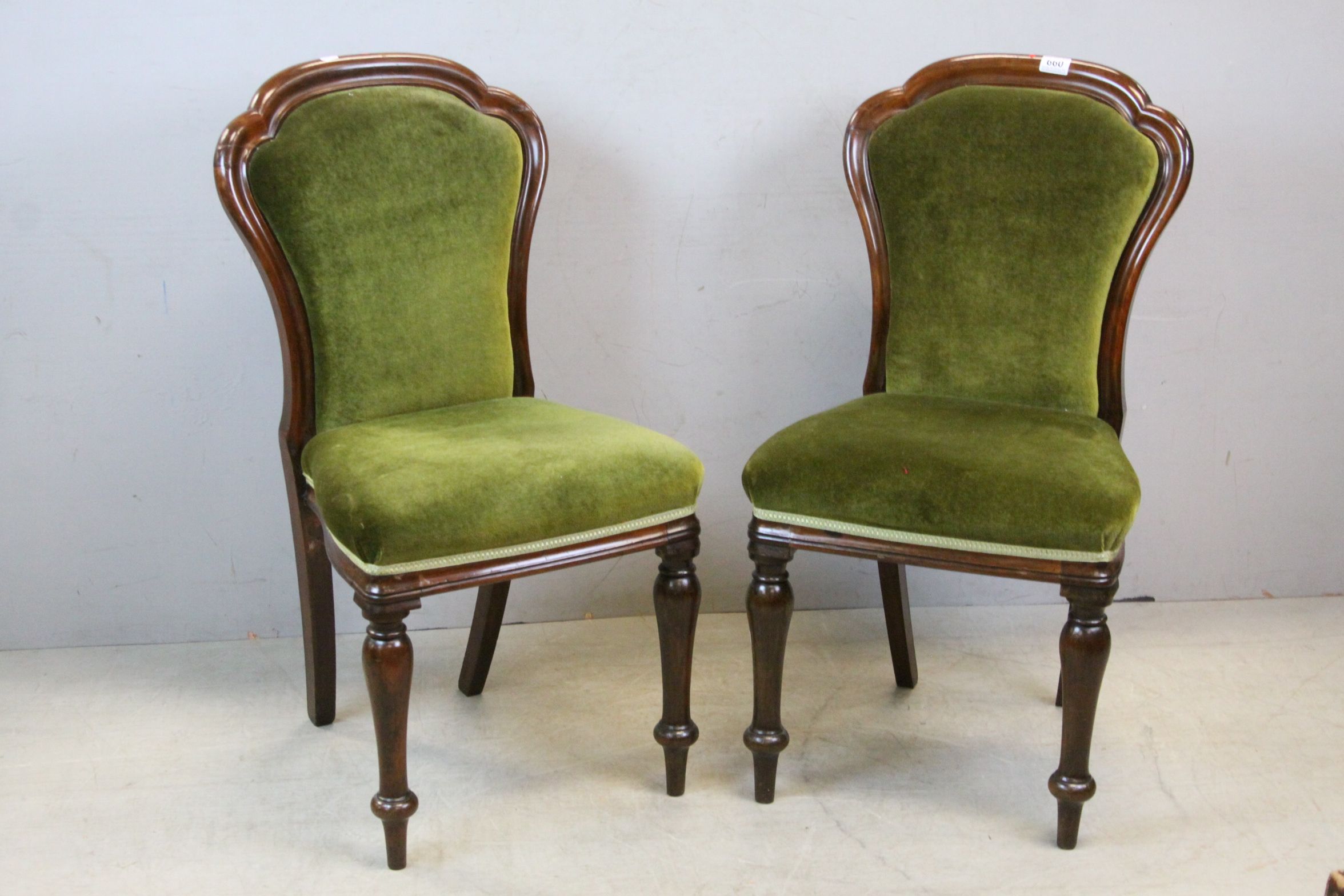 Pair of Victorian Mahogany Spoon Back Dining Chairs with Green Upholstered Backs and Seats