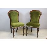 Pair of Victorian Mahogany Spoon Back Dining Chairs with Green Upholstered Backs and Seats
