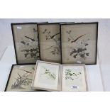 Four oriental framed and signed silk pictures of birds & two others similar (6)
