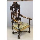 Victorian Oak Carolean Style High Back Elbow Chair with Carved Pierced Crestrail and Splat,