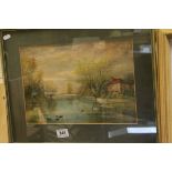 A T Fisher, early 20th century watercolour, rural river scene with ducks, signed approx 23cm x 36cm