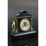 Antique two train movement slate mantle clock with gilded decoration with later quartz movement