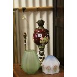 *Ceramic gas lamp converted to electricity, pink ground body with floral decoration, with shade,