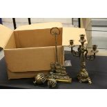 Box of brass and copper items to include doorstop, bells, horse brasses etc
