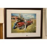 Cuban urban art oil painting study of men inspecting a classical American car, signed MMF