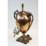 *Copper twin handled samovar with brass fittings, converted into a lamp, bulbous tapered body with