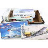 Seven boxed plastic model kits to include Hasegawa 1:48 Messerschmitt, Tamiya 1:48 Republic F-84G,