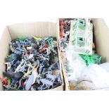 Quantity of plastic farm animals and accessories, soldiers, knights to include Britains (two boxes)