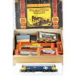 Hornby OO gauge Treasure Chest box containing boxed R249 Hopper Wagon, R126 Transporter, R633