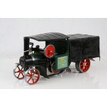 Customised Mamod Steam Tractor with added hood and trailer, Workman Bros decals, vg