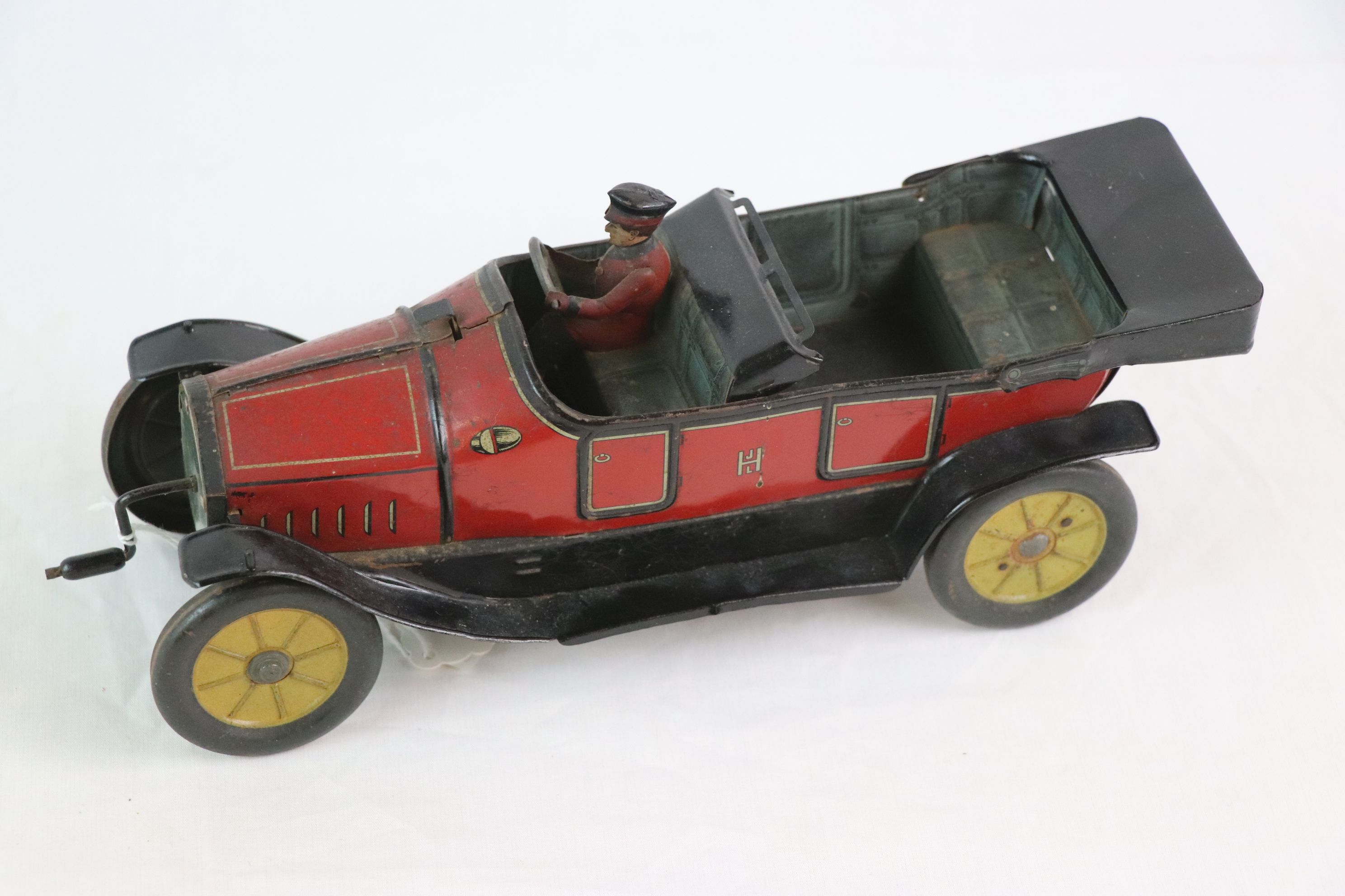 Early-mid 20th C HJL tin plate car with driver, in red with black, gd overall condition - Image 5 of 5
