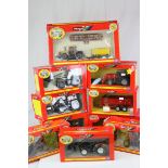 Ten boxed Britains 1:32 scale diecast tractors and other agricultural vehicles and implements, to