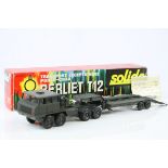 Boxed Solido 211 Berliet T12 Tank Transporter in military green with unused sticker sheet, diecast