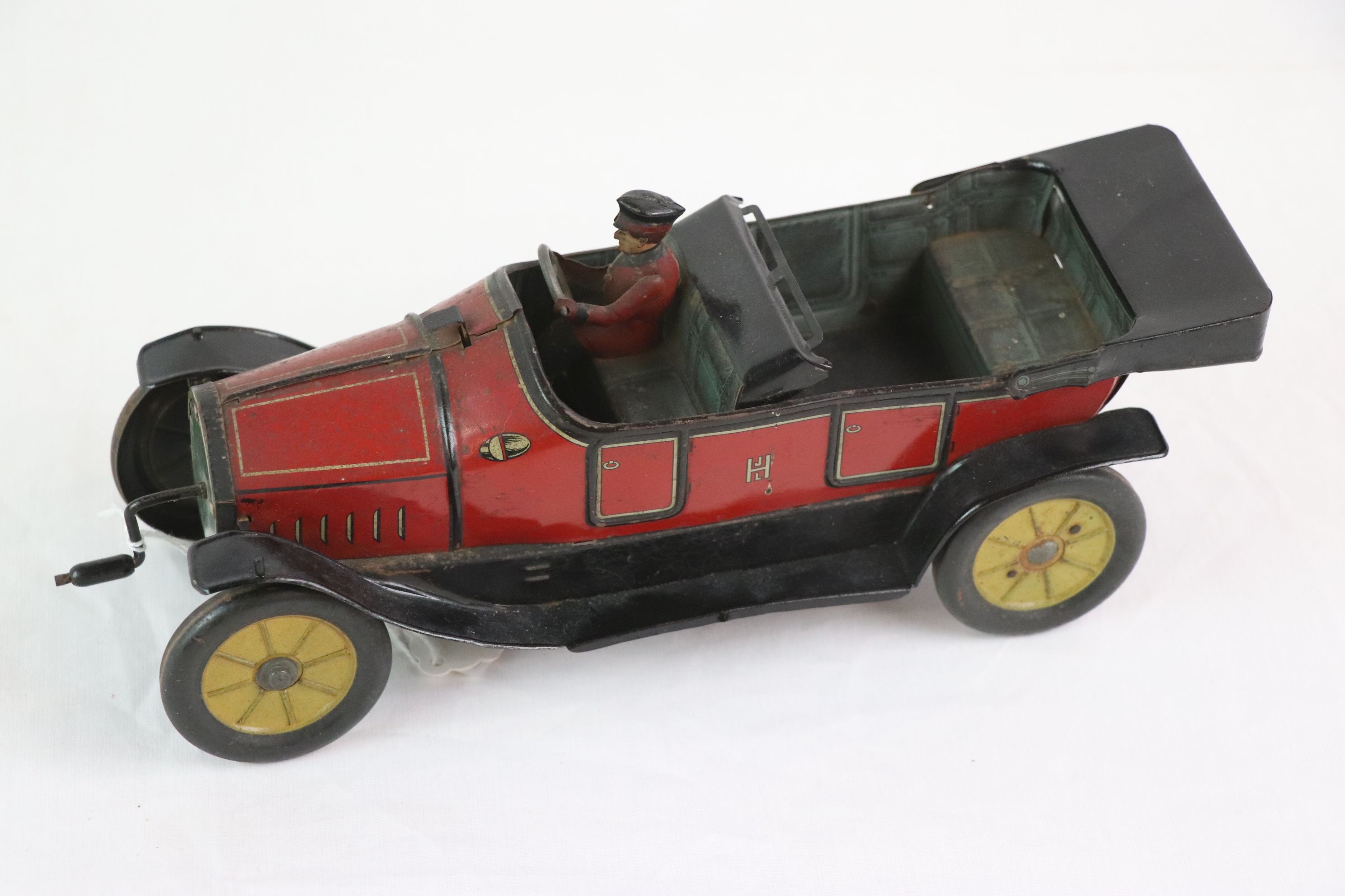 Early-mid 20th C HJL tin plate car with driver, in red with black, gd overall condition - Image 4 of 5