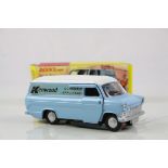 Boxed Dinky 407 Ford Transit Van diecast model in light blue with cream roof, paint chips, but