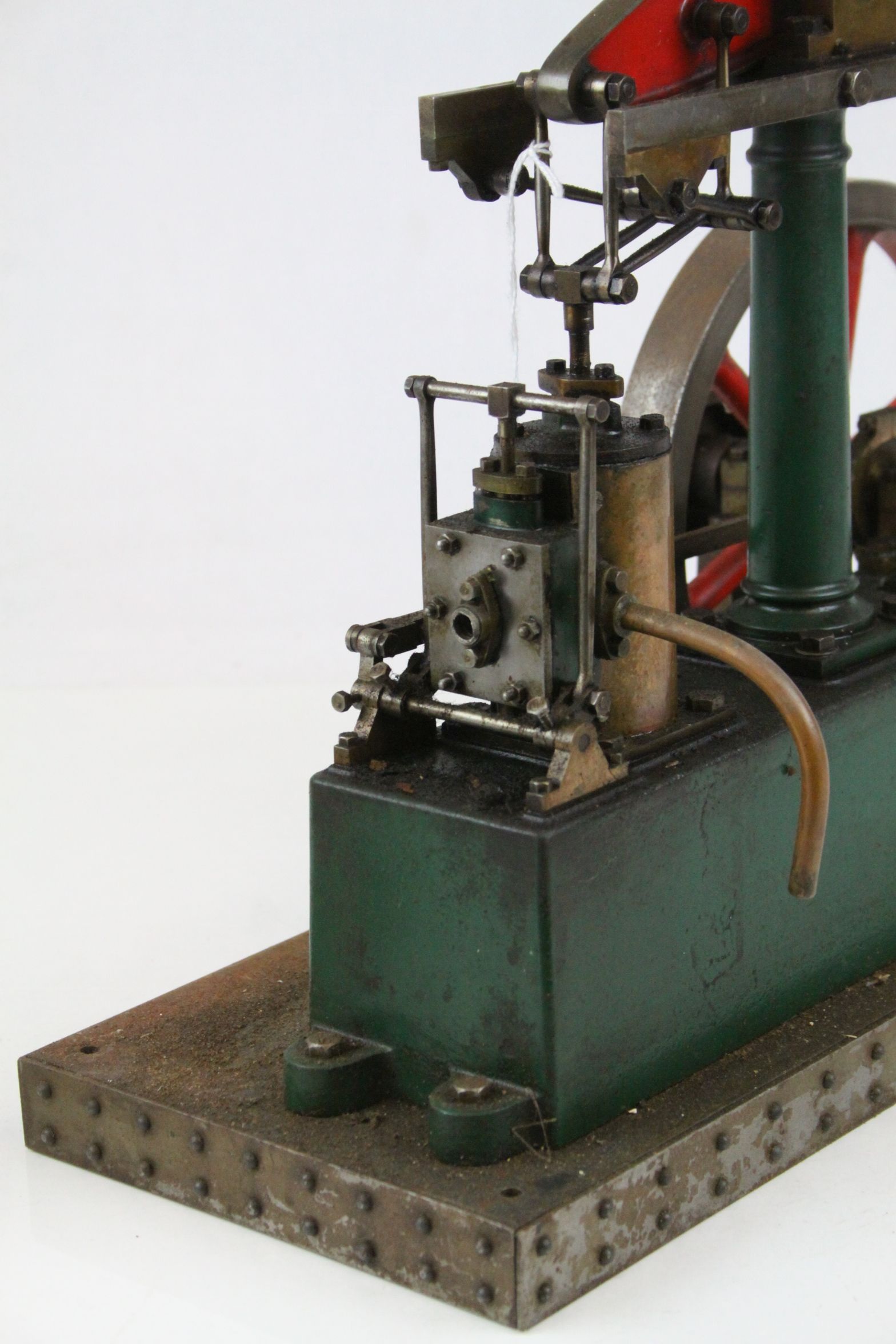 Stuart horizontal stationary beam engine with flywheel, cast iron, on cast base, base length 14" - Image 7 of 7