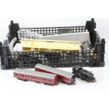 Group of Triang TT gauge model railway to include 0-6-0 locomotive in BR black, platform, waiting