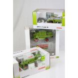 Three boxed CLAAS 1:32 diecast agricultural vehicles, to include Jaguar 695 SL, Dominator 88 S &