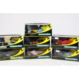 Seven cased Scalextric slot cars to include C2398 Reanault R23 F1 Fernando Alonso No 8, C2367 MG