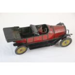 Early-mid 20th C HJL tin plate car with driver, in red with black, gd overall condition