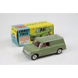 Boxed Corgi 450 Austin Mini Van diecast model in green, red interior, diecast vg, gd box with some