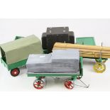 Four scratch built models using Mamod wheels to include low loader, log carrier, trailer with hood