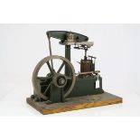 Stuart horizontal stationary beam engine with flywheel, cast iron, on wooden base, base length 14"