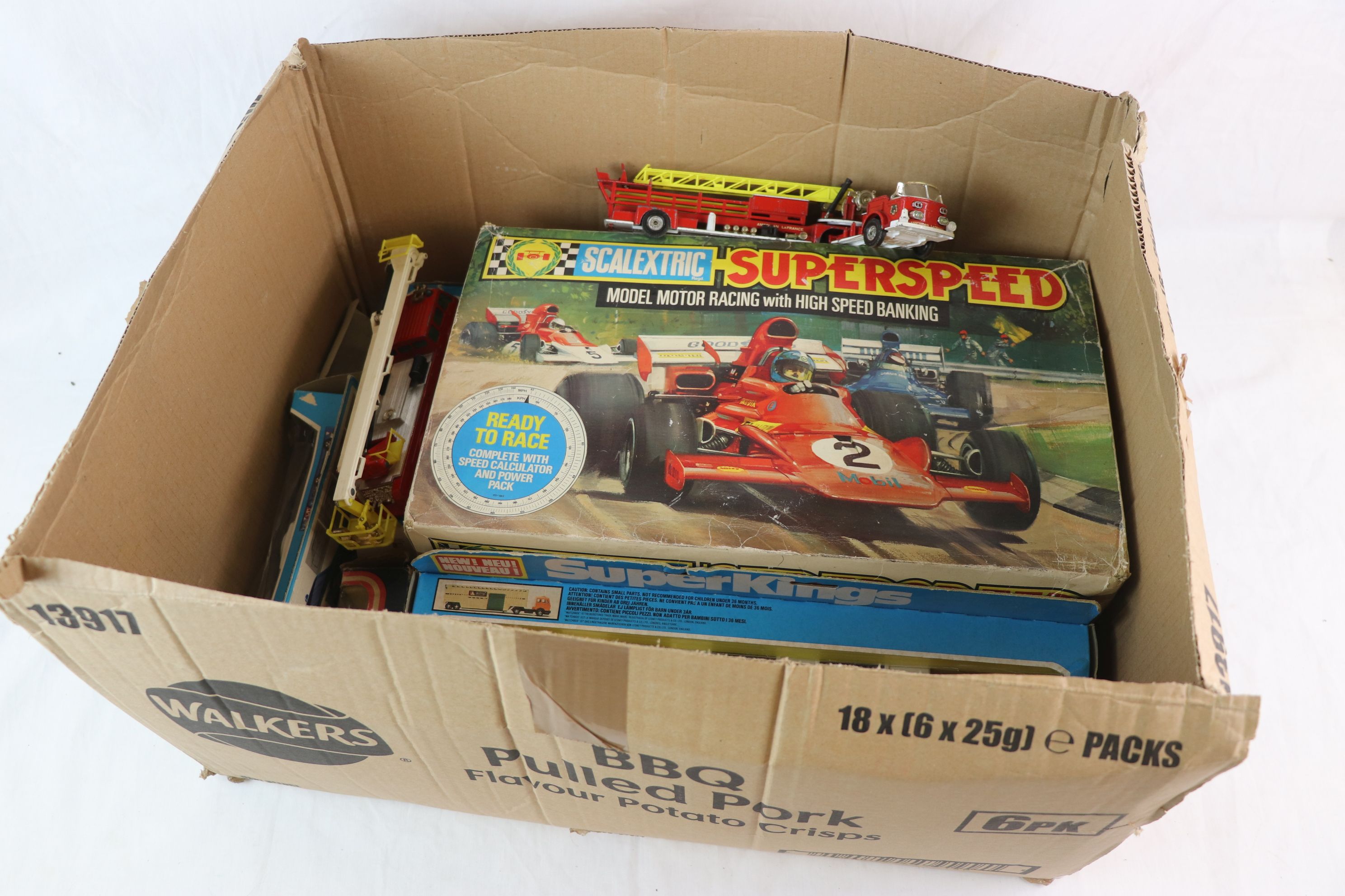 Boxed Scalextric Superspeed model motor racing to include track, slot cars and controllers, power