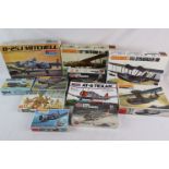 11 boxed plastic model kits to include 3 x Monogram 1:48 5306 AT-6 Texan, 1:48 5502 B-25J