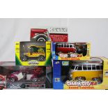 Five boxed diecast model vehicles to include Maisto 1:18 VW 1951 Bugz, Jada Toys VW Bus Chub City