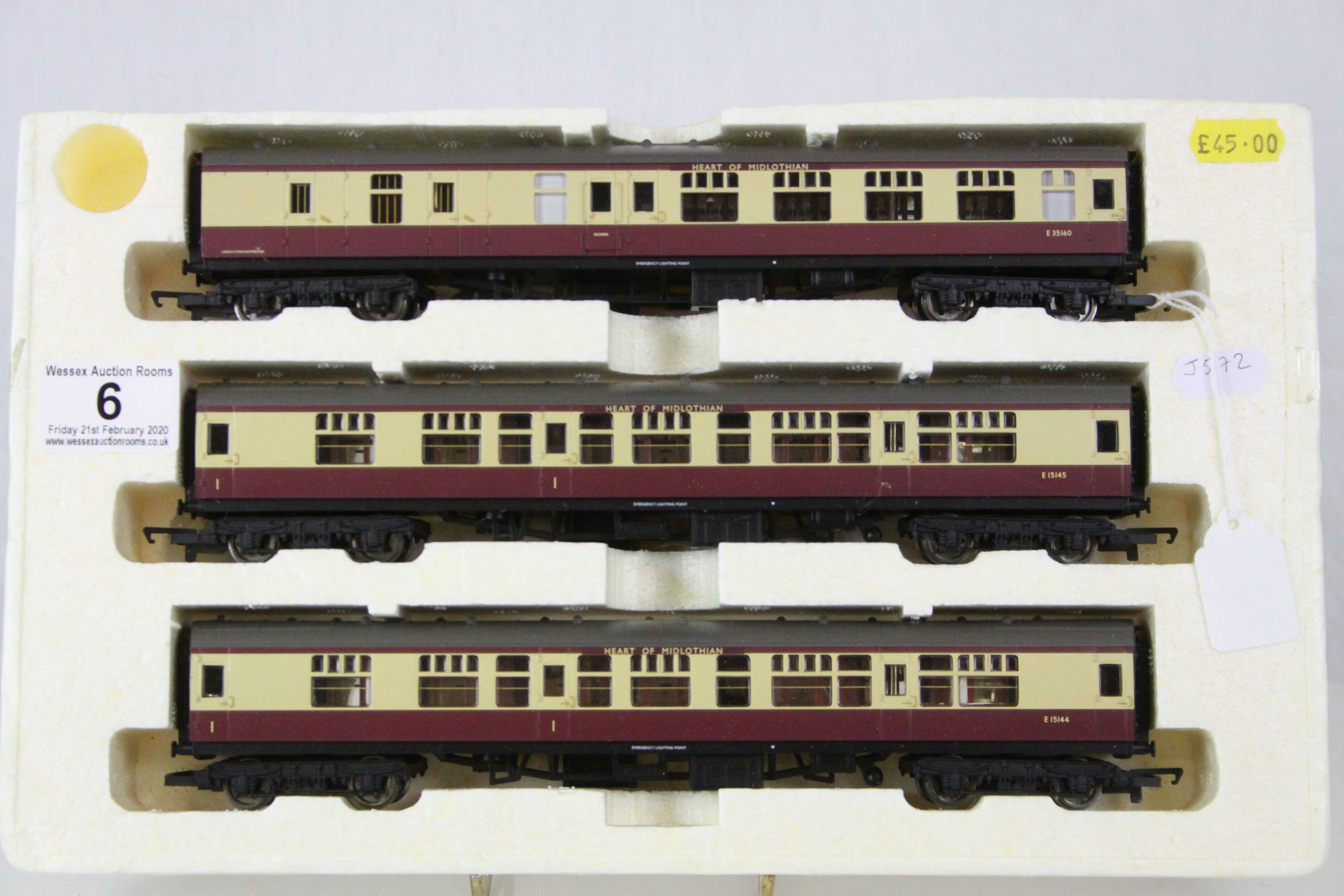 Set of three Hornby OO gauge Heart of Midlothian coaches in original polystyrene