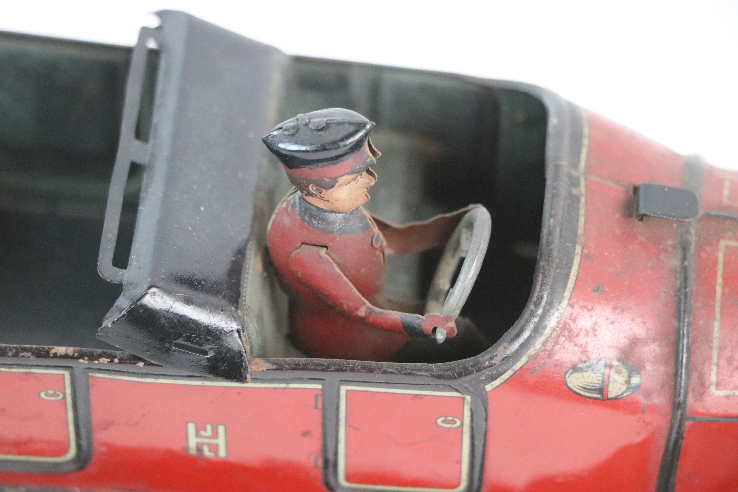 Early-mid 20th C HJL tin plate car with driver, in red with black, gd overall condition - Image 3 of 5