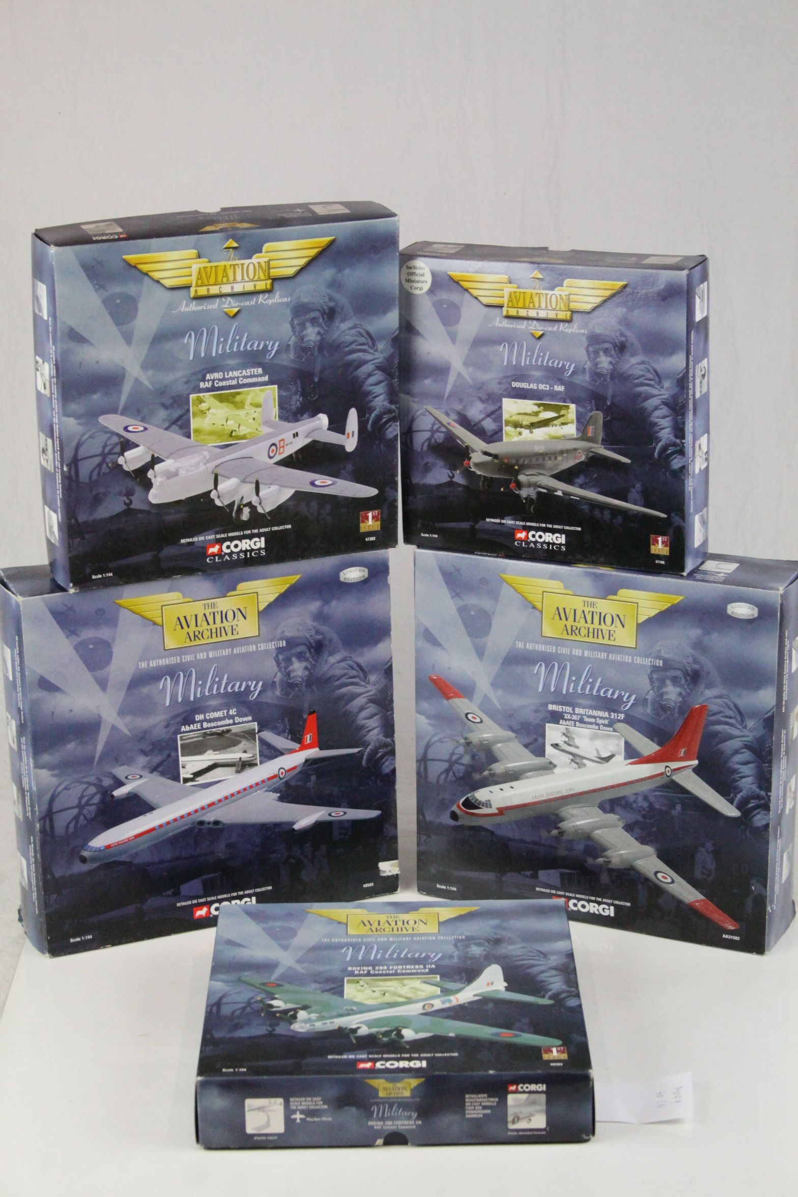 Five boxed Corgi The Aviation Archive Military 1:144 diecast models to include 1st issue 47106